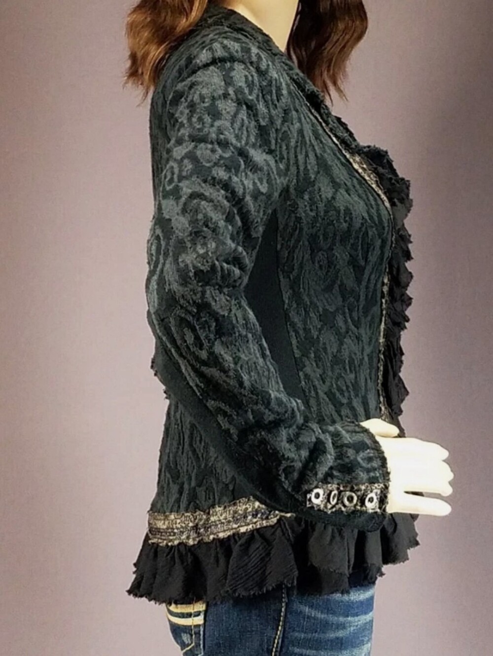 Free People Black Lace-Trim Ruffled Blazer